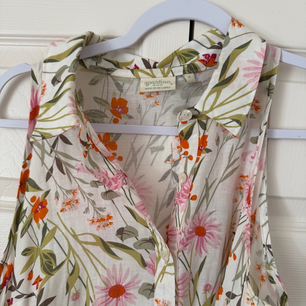 Spartina 449 Emeline dress Floral Maxi Dress collared Cream Pink Orange cotton - Picture 5 of 10